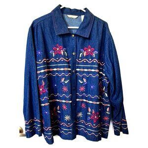 Vintage Bechamel Woman 1X Medium Wash Denim Embroidered Shacket Coastal Grandma